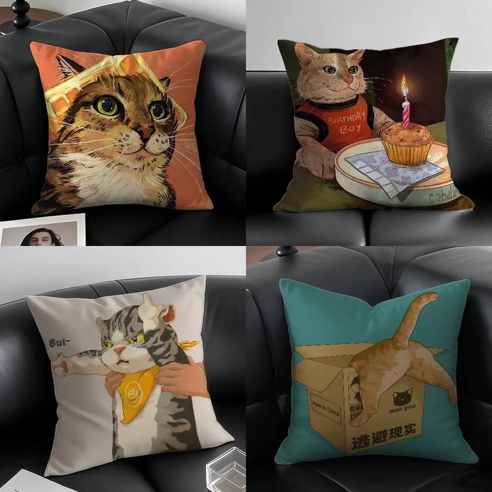 Niedlicher, lustiger Ölgemälde-Kissenbezug für Katzen, Anti-Dustmite-Kissenbezug, unsichtbarer Reißverschluss, seidiger, kurzer Plüsch-Sofa-Kissenbezug