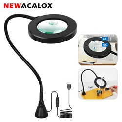 NEWACALOX 3X-6X lupa lutownicza USB LED lampa ze szkłem powiększającym silna podstawa magnetyczna obsługa gęsiej szyi oświetlenie spawalnicze HomeTool