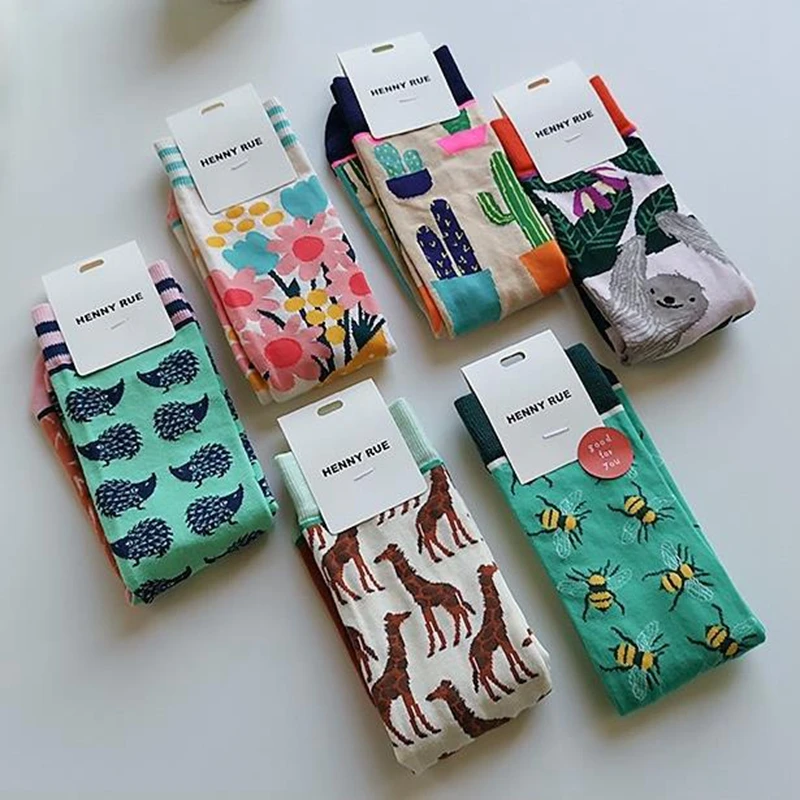 Fashion Colorful Spring Autumn Stocking Women\'s Socks Plant Hedgehog Slothsi Cotton Socks Personality Straight Trendy Socks
