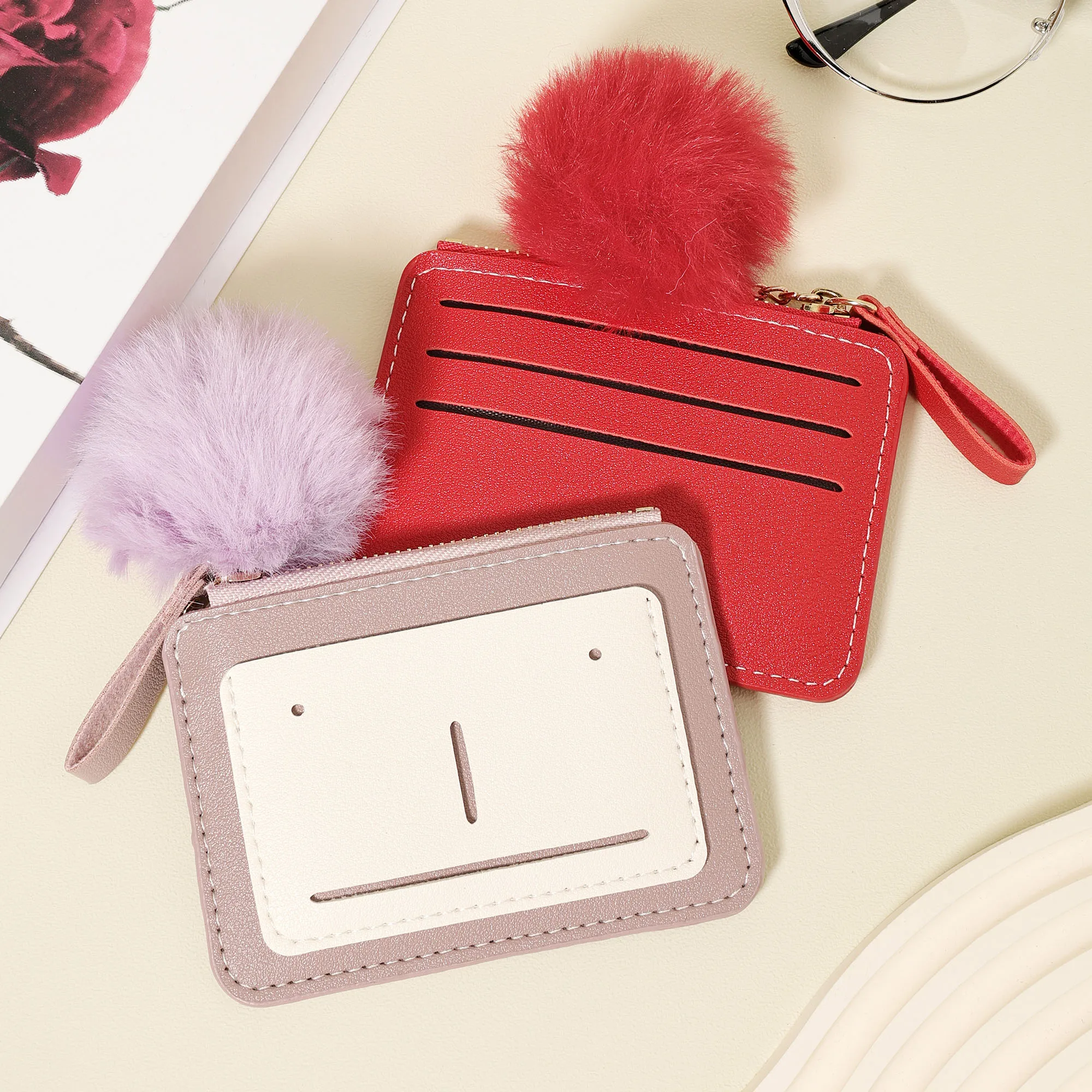 미니 패션 신용카드 홀더, 초슬림 동전 지갑, 여성용 캐주얼 핸드백, 섬세한 폼폼 장식, 고품질