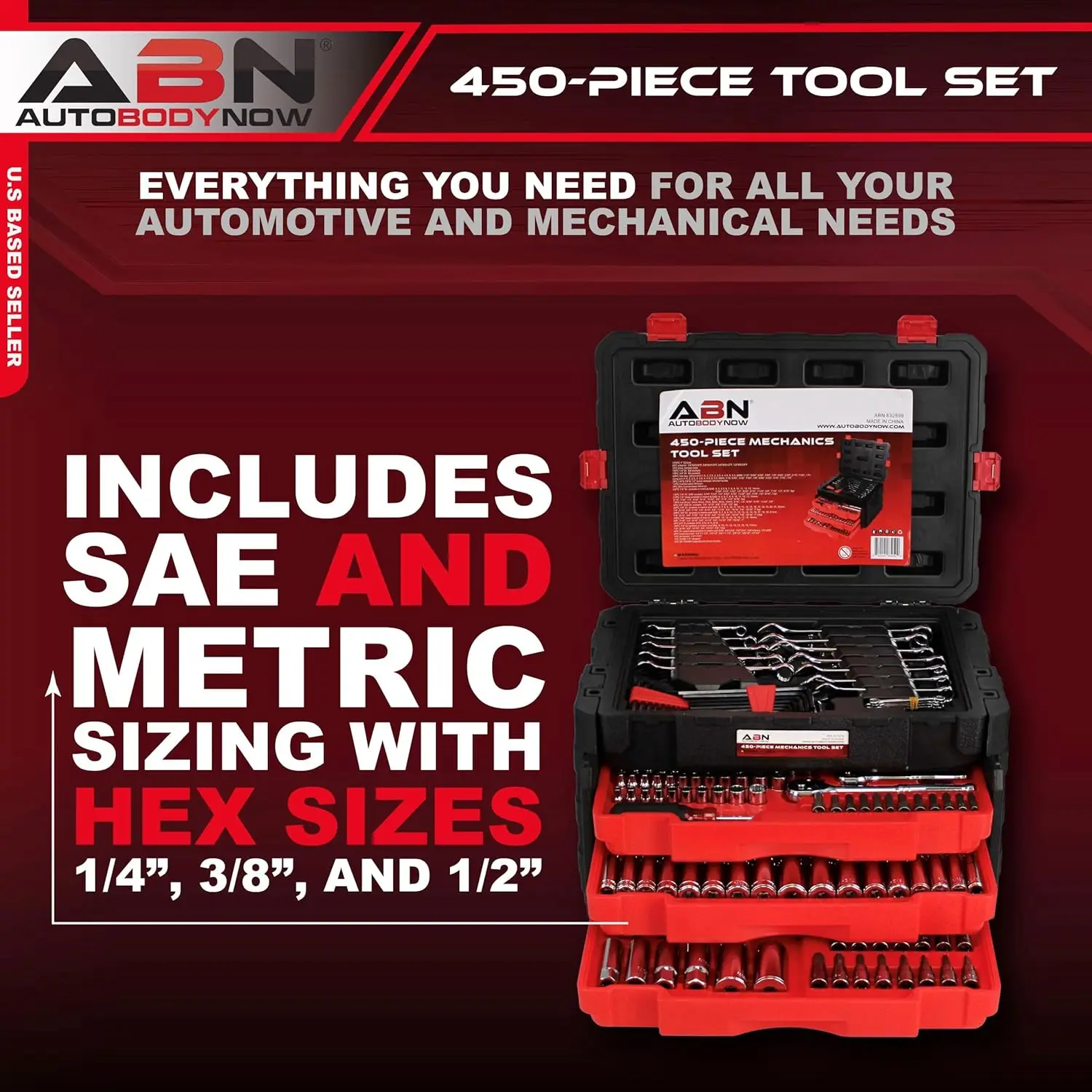 Abn 450-Piece Mechanics Tool Socket Set, ¼ In, ⅜ In., And ½ In Drive, Auto Repair Kit With Sae & Metric, Sockets, Ratchets,