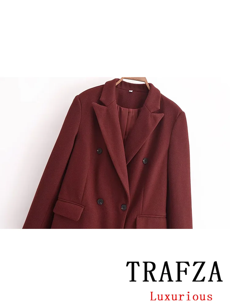 TRAFZA Vintage Casual Chic Women Overcoat Solid Turn-down Collar Oversized Long Jackets Fashion 2024 Autumn Winter Thick Coats