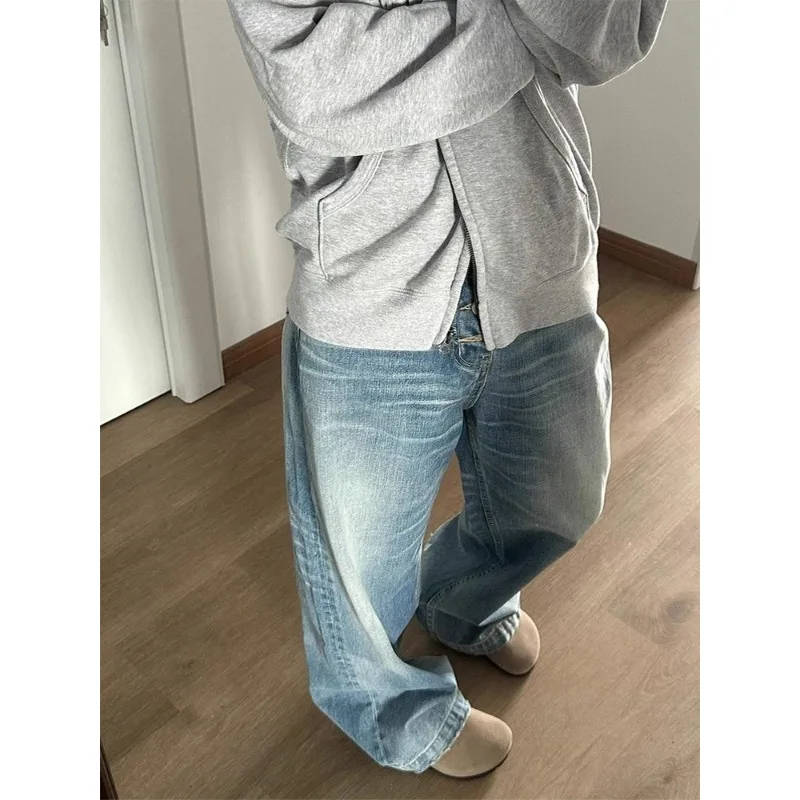 QWEEK Vintage Straight Blue Jeans Woman Baggy High Waist Basic Denim Pants Korean Fashion Y2k Streetwear Wide Leg Trousers 2024