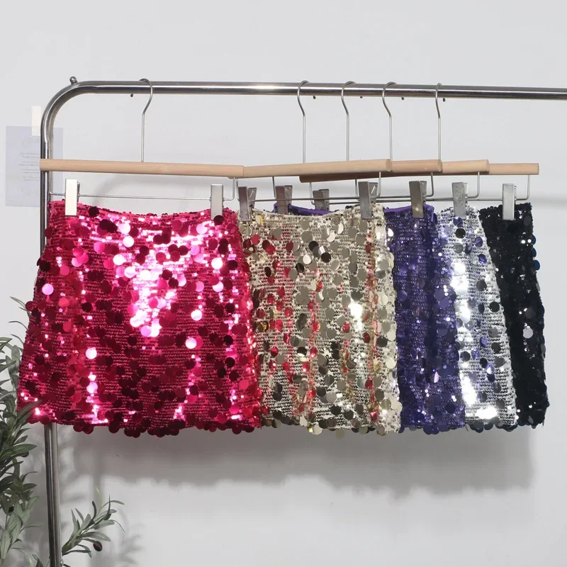 IMU Heavy Industrial Style Sequined Shiny Bling Skirt For Women Spicy Girl Nightclub High Waisted Bodycon A Line Mini Skirt 1029
