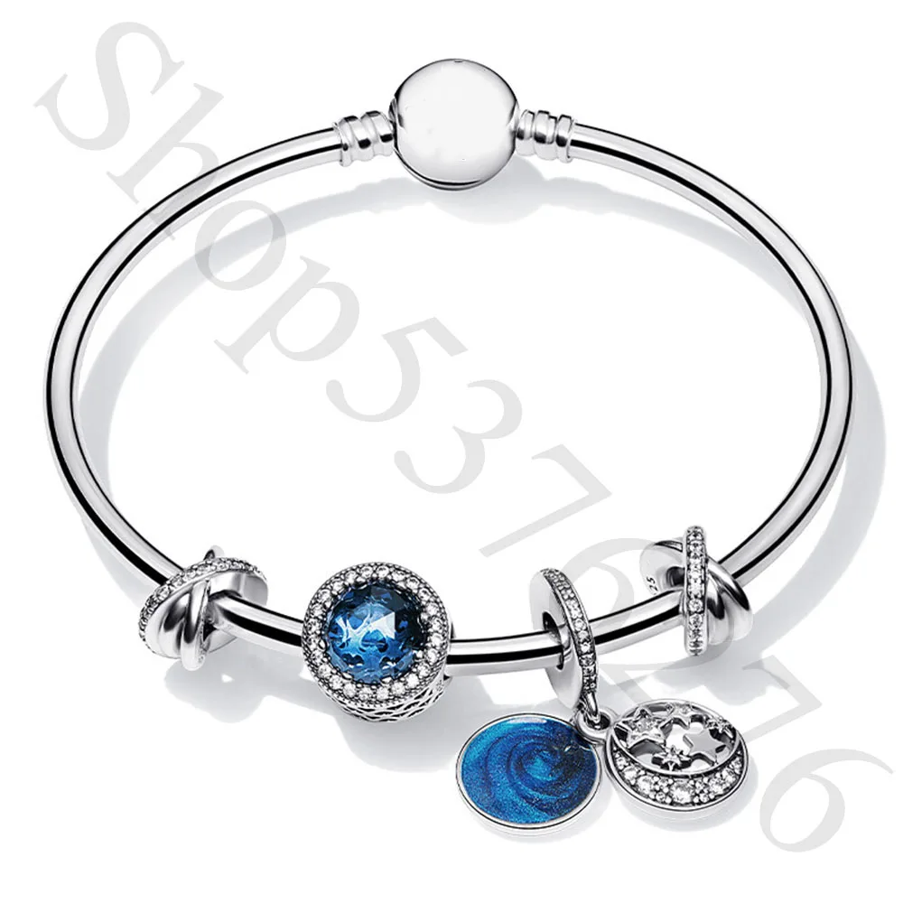 

Authentic 925 Sterling Silver Moments Vintage Night Sky Moon & Blue Sky Fashion Bangle Set Fit Women Bead Charm Gift DIY Jewelry