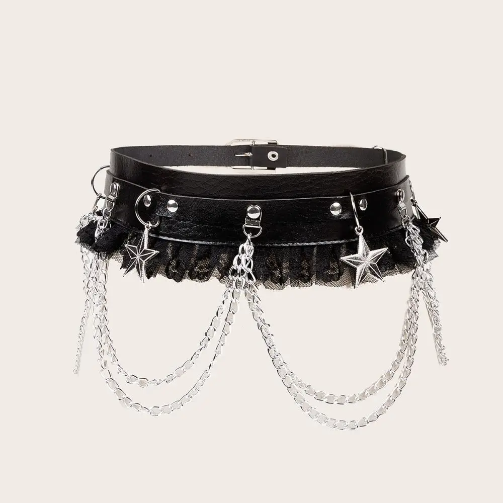 Lace Patchwork Dark Chain Punk Belt Leather Versatile Waist Chain Fashion Black Jacket Embellished Waistband Waist Decoration