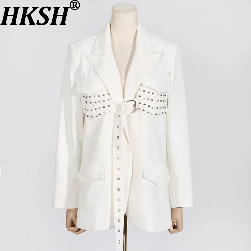 HKSH Women Blazer Heavy Rivet Lace-Up Design Long Sleeve Elegant Fashion Patchwork High-end Chic Suit-Coat Spring Autumn HK19932