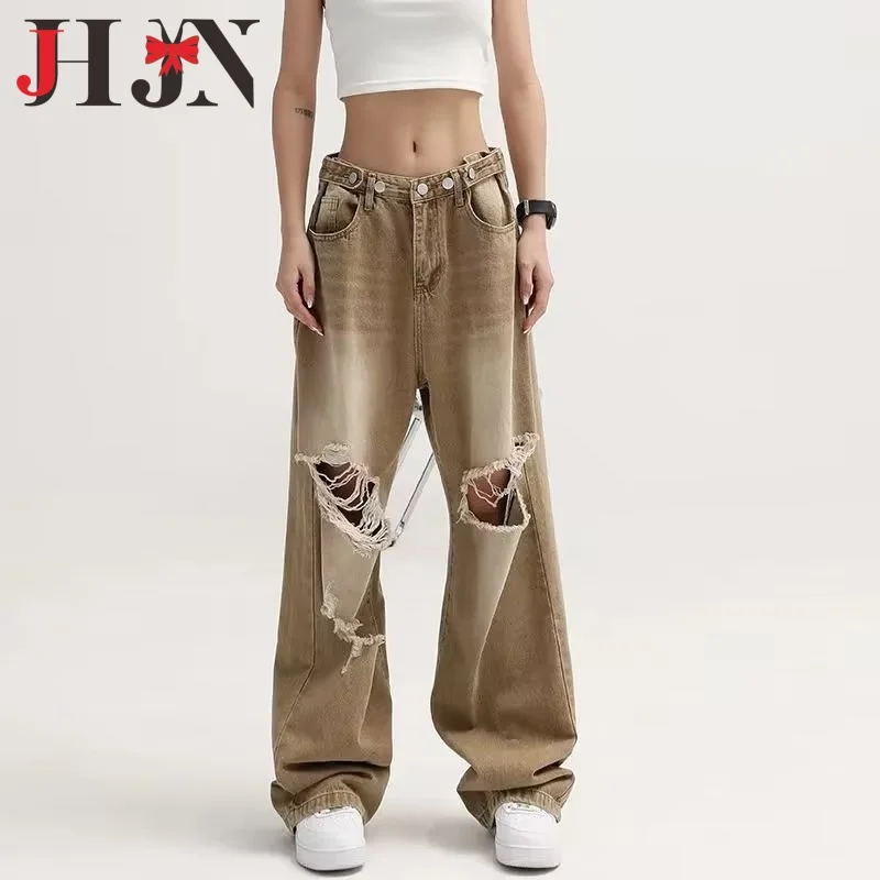 JHJN جينز نسائي عصري جديد مستقيم الساق بنطلون عالي الخصر بفتحات مفرغة سراويل غير رسمية عالية الشارع قيعان فضفاضة
