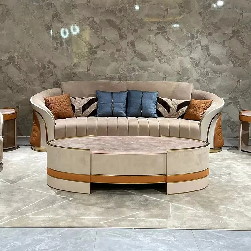 

//Solid Wood Curved Sofa Set Designer Villa Living Rooms Furniture High-end Luxury Chairs Italian-style Suede Genuine Leather