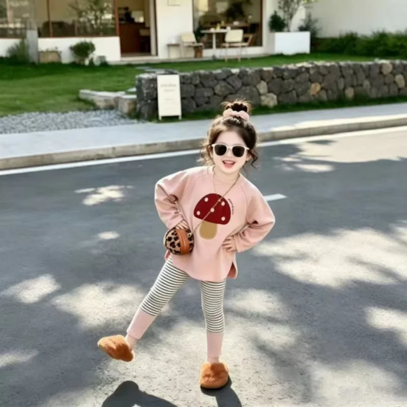 Girls Set Spring and Autumn New Style Children's Casual Long Sleeved Sweatshirt Striped Leggings 2-piece Set 90-140CM