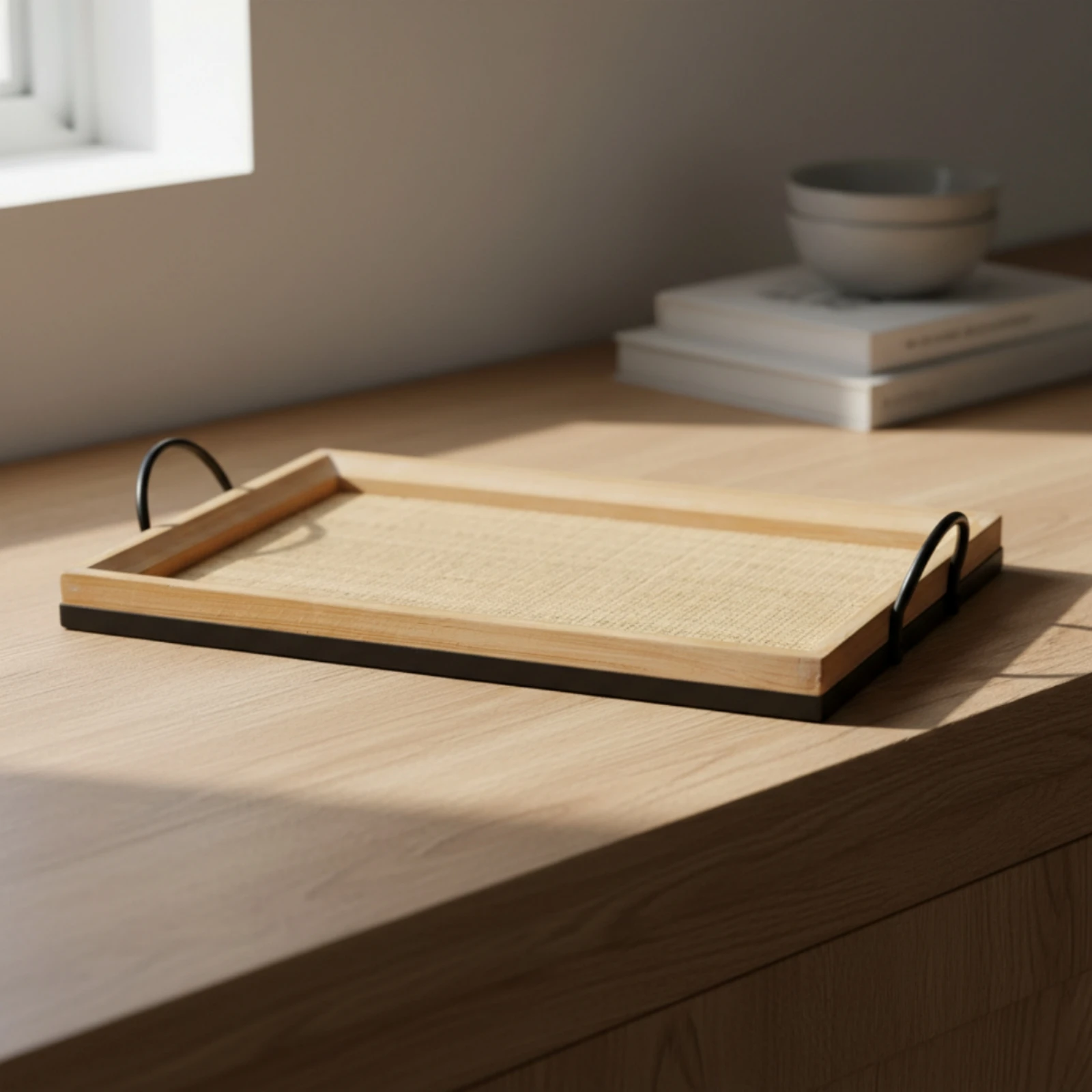 Rectangular Rattan Tray with Handles Long-Lasting Rattan Serving Tray Rustic Farmhouse for Kitchen Counter, Dining Area