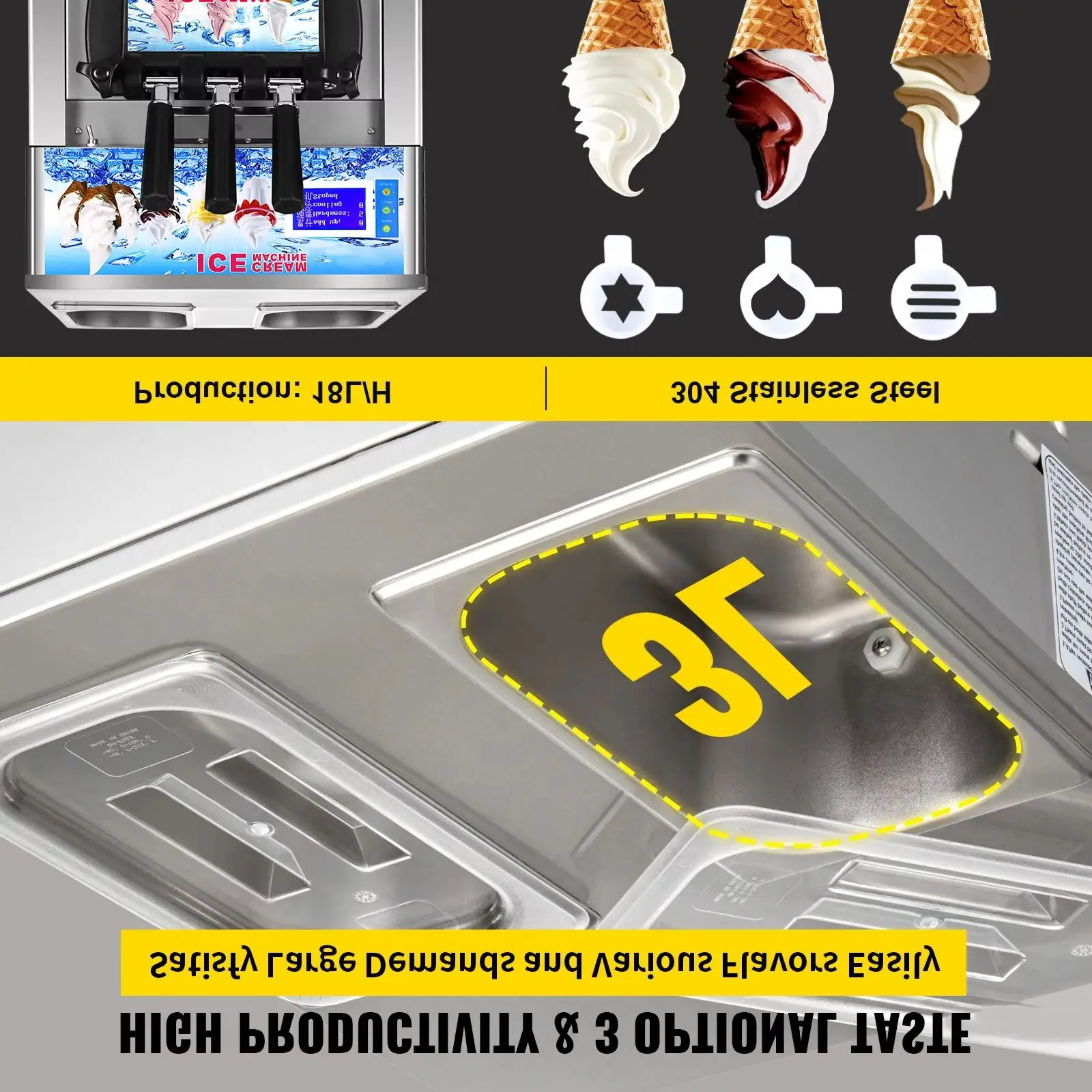 3 Flavor Soft Serve Ice Cream Making Equipment SIHAO, 18L/H Commercial Frozen Yogurt Machine, New Dessert Maker With LCD Display and Simple One-Click Clean Operation