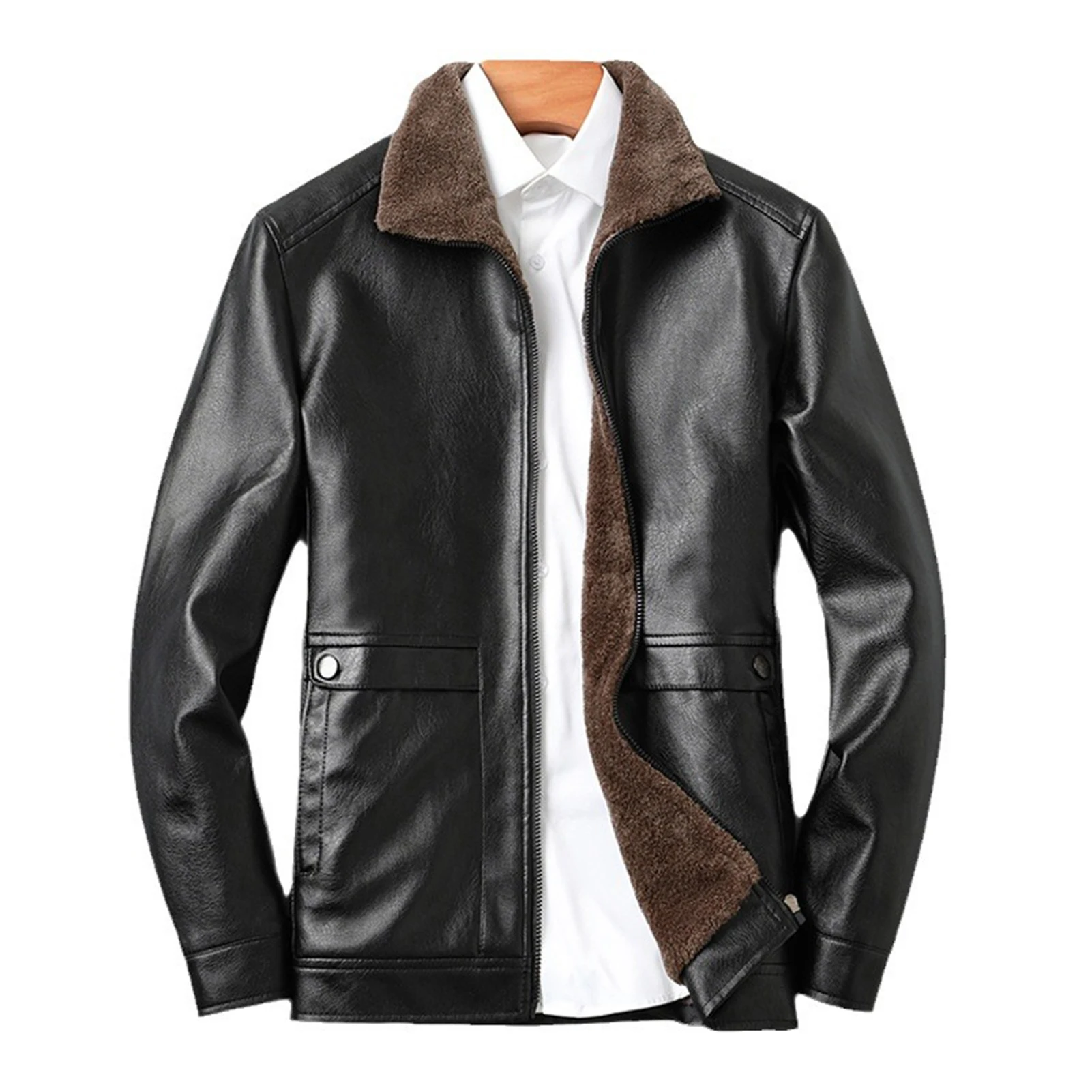 

Men Faux Leather Jacket Men Fleece Lining Jacket Men's Fleece-lined Stand Collar Jacket Stylish Pleated for Autumn/winter