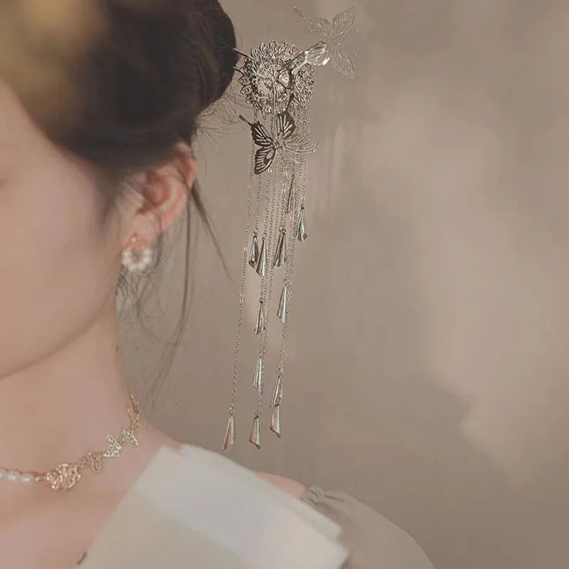 Horquillas de estilo antiguo, borlas plateadas, sombreros Hanfu, horquillas de estilo chino, accesorios para el cabello y sombreros de mujer