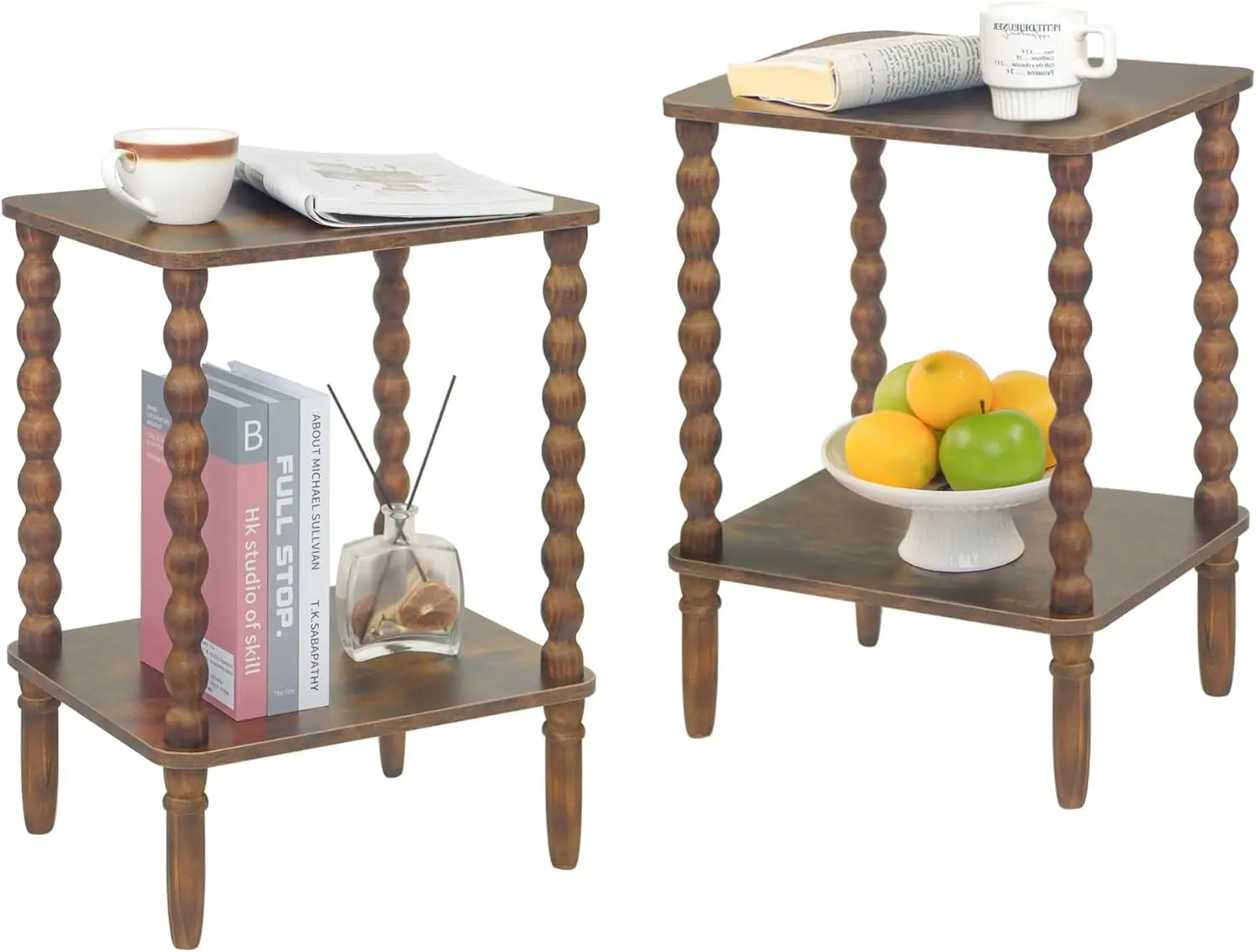 

Set of 2 Rustic Brown Side Tables with Storage Shelf, Night Stands for Living Room, Bedroom, Office and Small Spaces