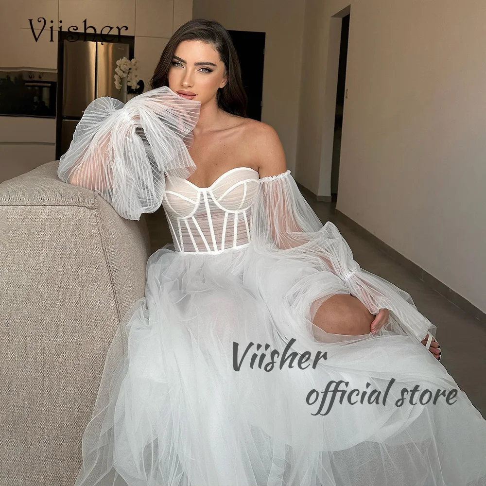 Viisher White Tulle Boho abiti da sposa corsetto osseo Sweetheart Beach abito da sposa 3/4 manica gamba divisa abiti da sposa bohémien