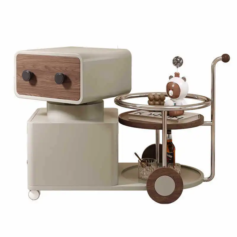 

Robot mobile coffee table trolley, living room household multi-functional rotating solid wood small apartment sofa side cabinet