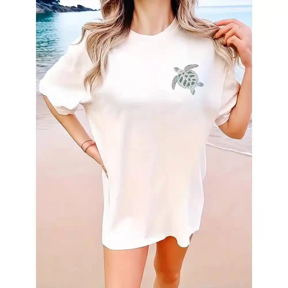 Cute Sea Turtle Print Apricot Vintage 100% Cotton Short Sleeve Oversized Tshirt Women O Neck Casual Tees Loose American Summer