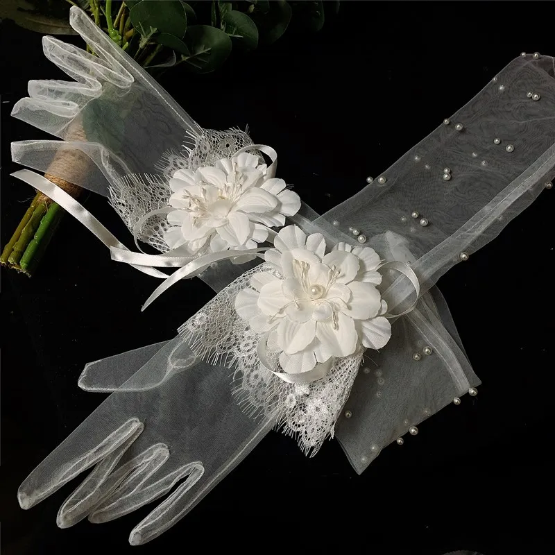 Women's Elegant Flower Pearl Beaded Long Mesh Glove Female Spring Summer Vintage Sunscreen Driving Photograph Party Glove R1820