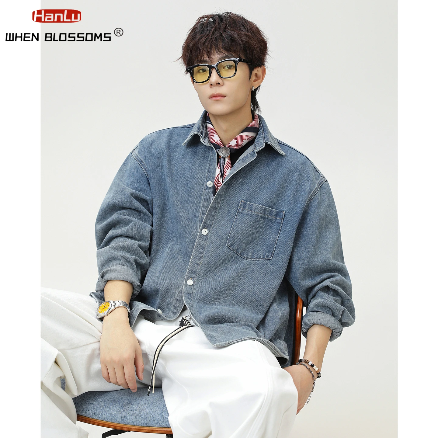 HANGLU 2025 Men's Raw Denim Shirt Japanese Relaxed Fit Washed Vintage Streetwear Long Sleeve Overshirt Casual Jacket