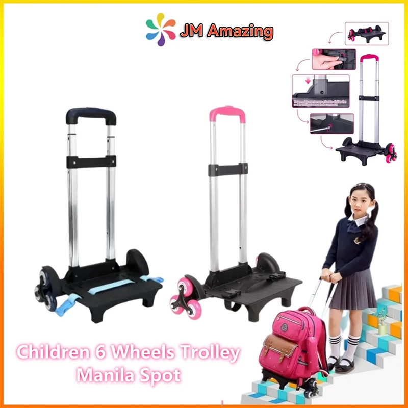 Backpack Trolley Pink Wheeled Cart Aluminum Alloy Folding Trolley Cart for Schoolbag 6 Wheels Luggage Cart with Edge Guard