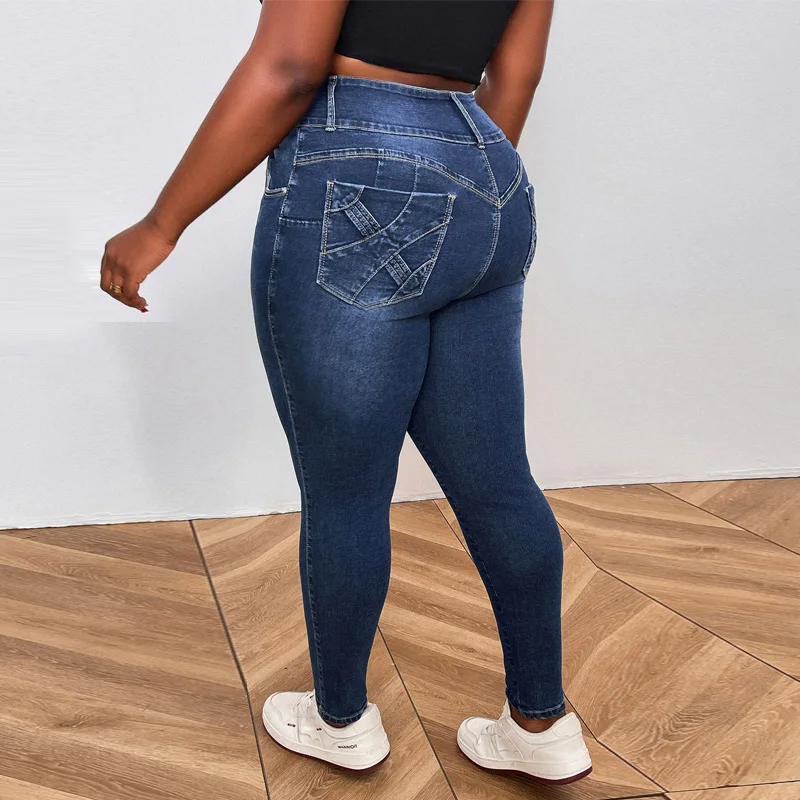 Benuynffy, pantalones vaqueros de talla grande para mujer, Primavera Verano, azul oscuro, pantalones vaqueros elásticos de cintura alta, pantalones pitillo envolventes de cadera a la moda Retro para mujer