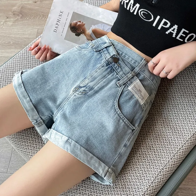 

High-Waisted Roll-Up Denim Shorts Jeans Women's New Summer Baggy Wide-leg Hot Short Pants