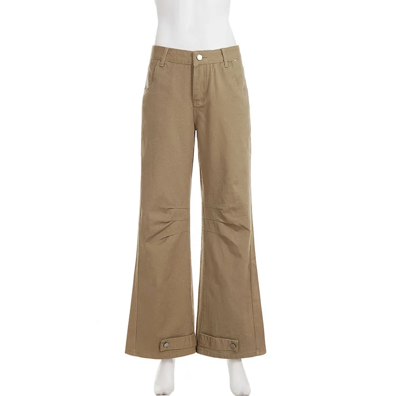 กางเกงยีนส์ทรงวินเทจลำลองเอวต่ำทรงหลวมกระชับสัดส่วนสไตล์สาวเปรี้ยวขากว้างสำหรับผู้หญิง