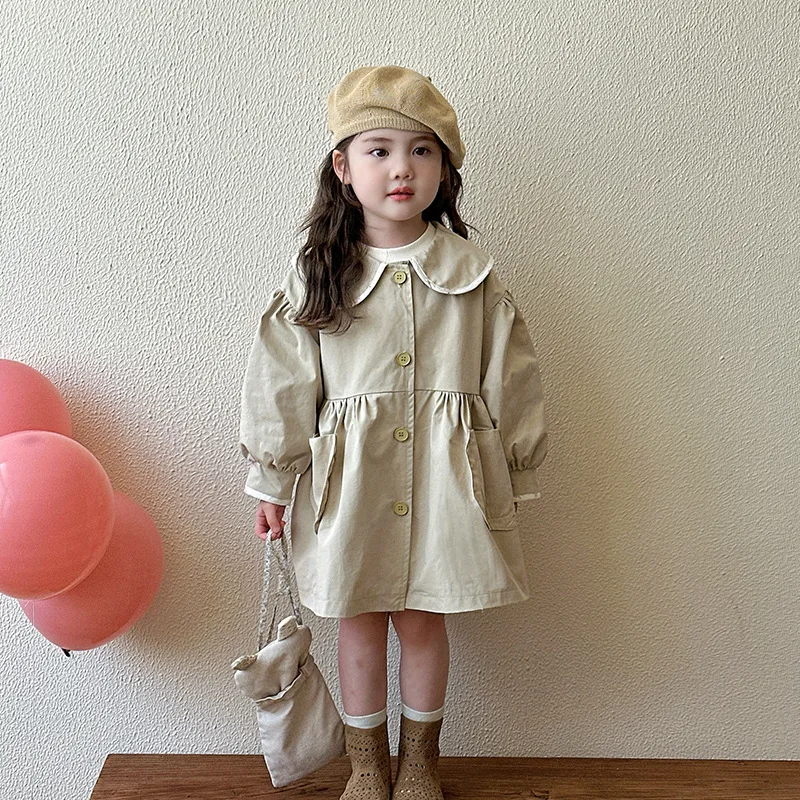

2025 Autumn New Children's Medium to Long Solid Color Collar Button Cotton Windbreaker