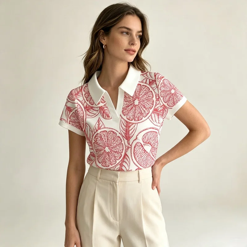 New printed patternless women's fashion versatile item Polo Shirt  Pink fruit Natural fruit ,Casual top