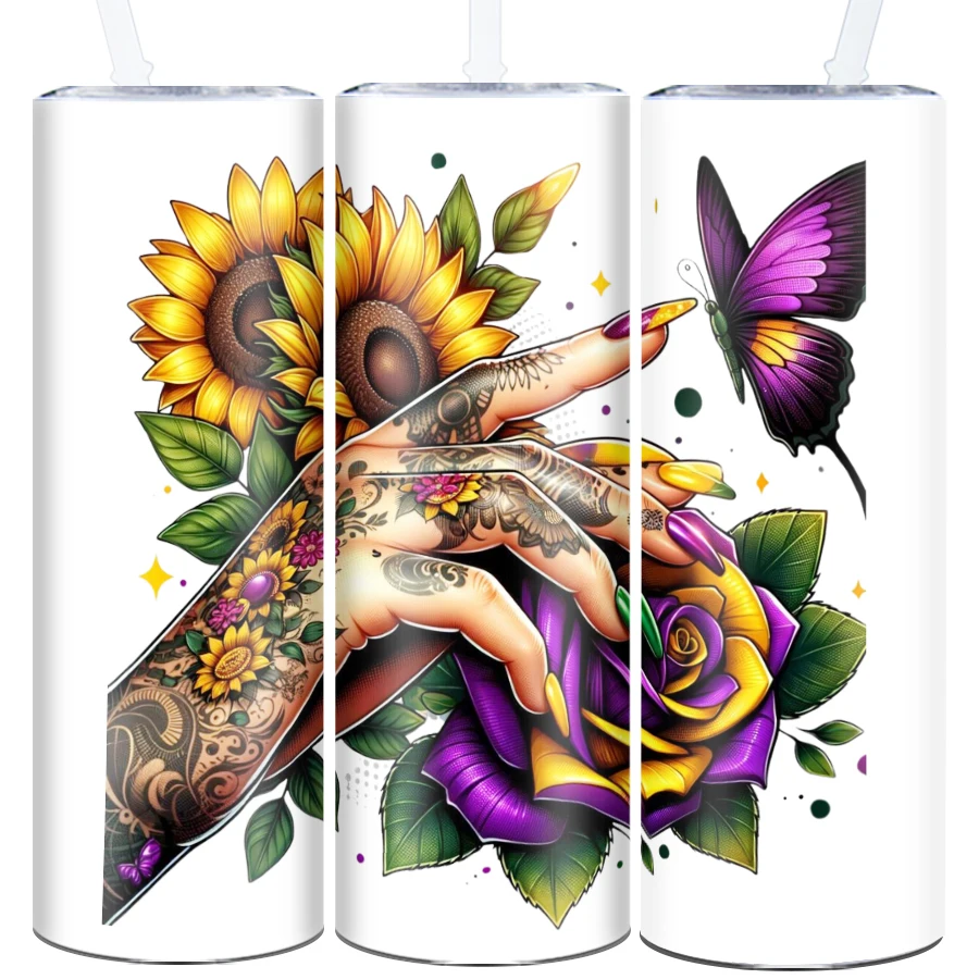 

1Pc Water Bottle With Straw Lid Stainless Steel Hot Cold Insulated Coffee Cups 3D Print Sunflower hand Holiday Party Tumblers