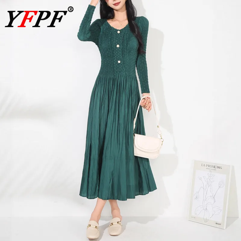

YFPF Miyake Pleated Design Long Dress For Women Elegant Solid Color V Neck Button A Line Evening Dresses Fashion 2025 New