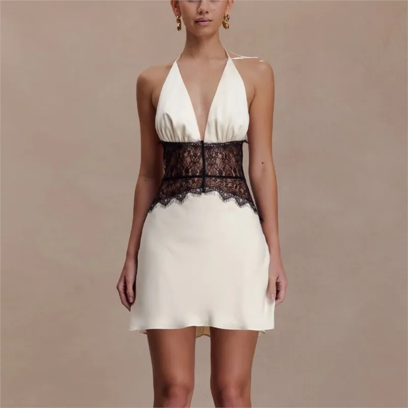 Elegant Women Satin Halter Mini Dress Contrast Black Lace Waist Deep V Neck Backless Party Club Dress 2026 Summer Vacation Dress