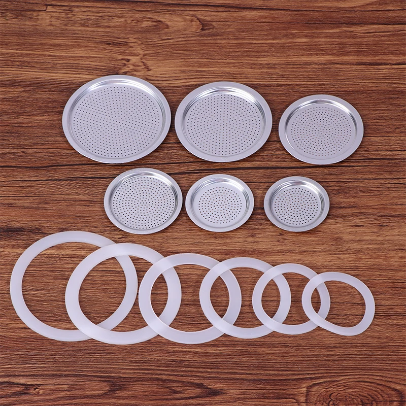 4Pcs/Set 3 Silicone Gaskets + Aluminum Filter Moka Pot Coffee Bottle Replacement Compatible With 1/2/3/6/9/12 Coffee Cup