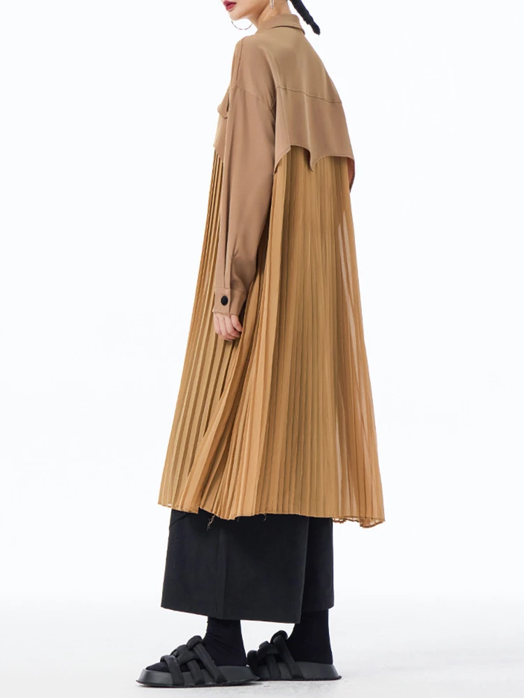 [EAM] Women Army Green Pleated Spliced Big Size Midi Shirt Dress New Lapel Long Sleeve Fashion Tide Spring Autumn 2024 1DH6927