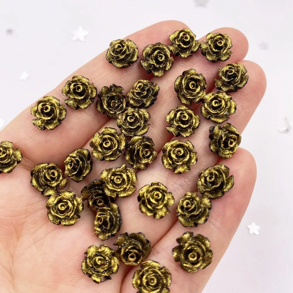 50Pcs 10mm AB Resin Glitter  Rose Flatback Flower Rhinestone Gem Scrapbook Wedding Ornament Applique Crafts DIY Nail Art SL614