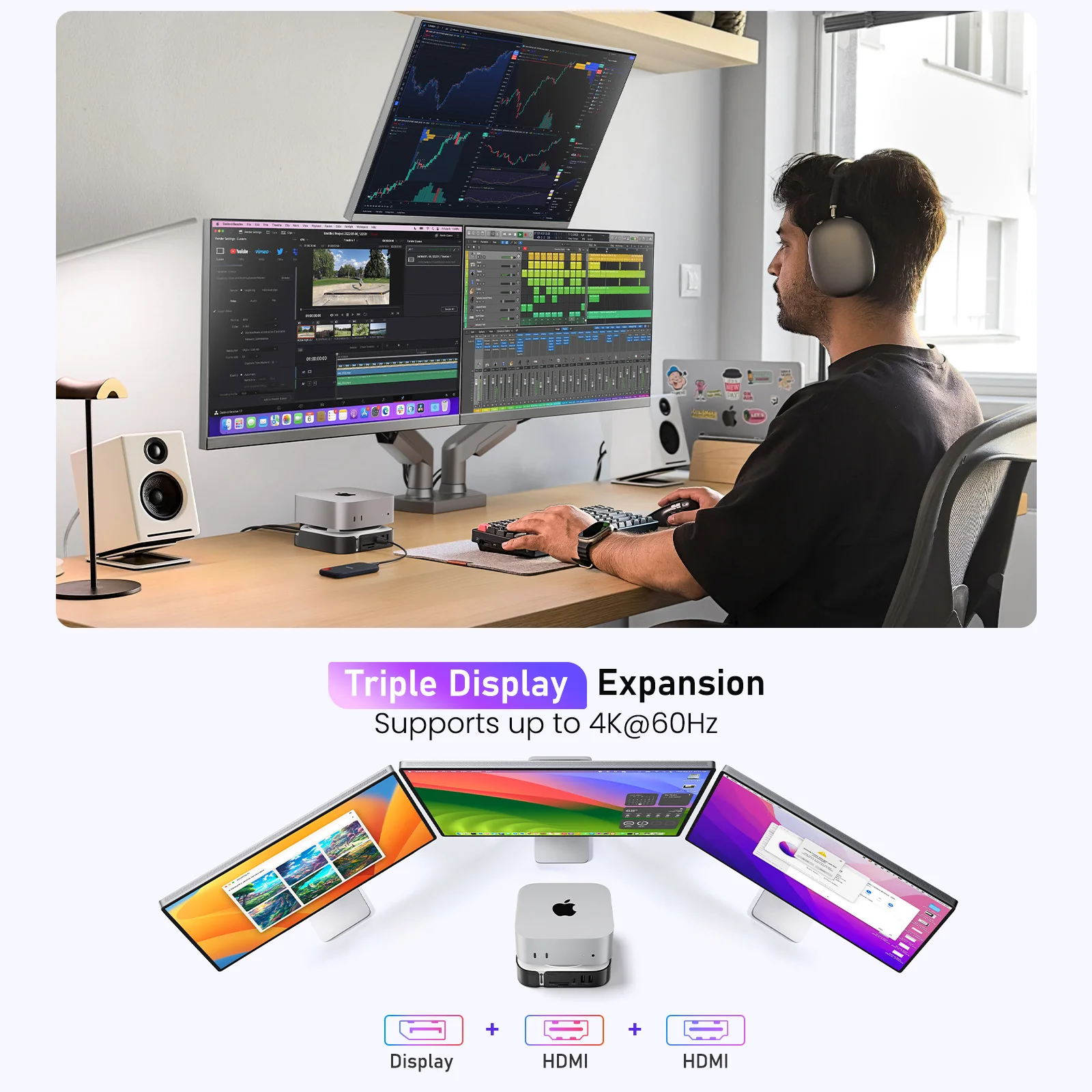 Lemorele 9 IN 2 USB HUB Docking Station for Mac Mini M4 HDMI DP 4K 60Hz M.2 NVMe SSD Max 10Gbps USB-A&C Ports SD&TF USB Dock