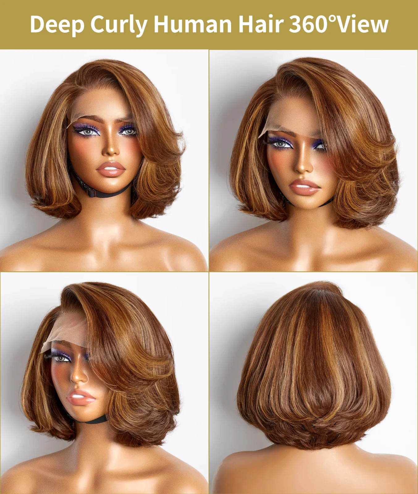 Toffee Brown Mix Blonde Glueless 5x5 HD Lace Closure Bob Wig Brazilian Human Hair Pre Cut PrePlucked Side Part Short Bob Wig