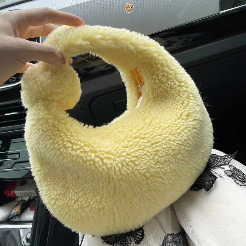 

Winter Solid Color Fashion Knotted Faux Fur HandBag New Lamb Wool Design Women's Furry Short Handle Hobo Bag Soft Plush Warm Bag