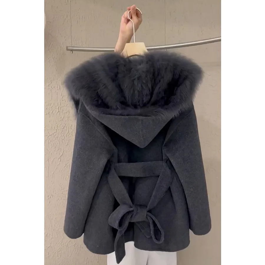 Real Fox Fur Collar Wool Blends Jacket Womens Fashion Coat Outwear High Quality Winter Best Selling Styles