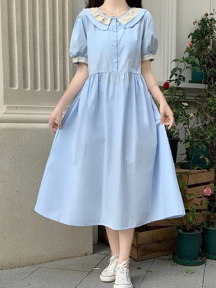 

Elegant Office Mori Girly Gentle Preppy Style Women Dress Summer Fairy Peter Pan Collar Bow Waist Short Sleeve Mid-Calf Dresses