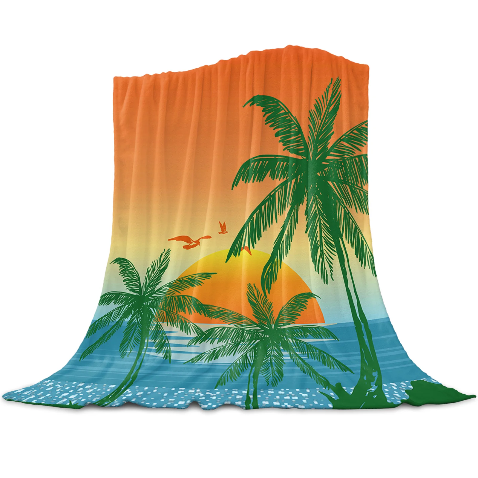 Coconut Tree Sunset Seagull Bird Seawater Printed Throw Blanket Flannel Fleece Blankets for Sofa Couch Bed Bedroom Bedspread