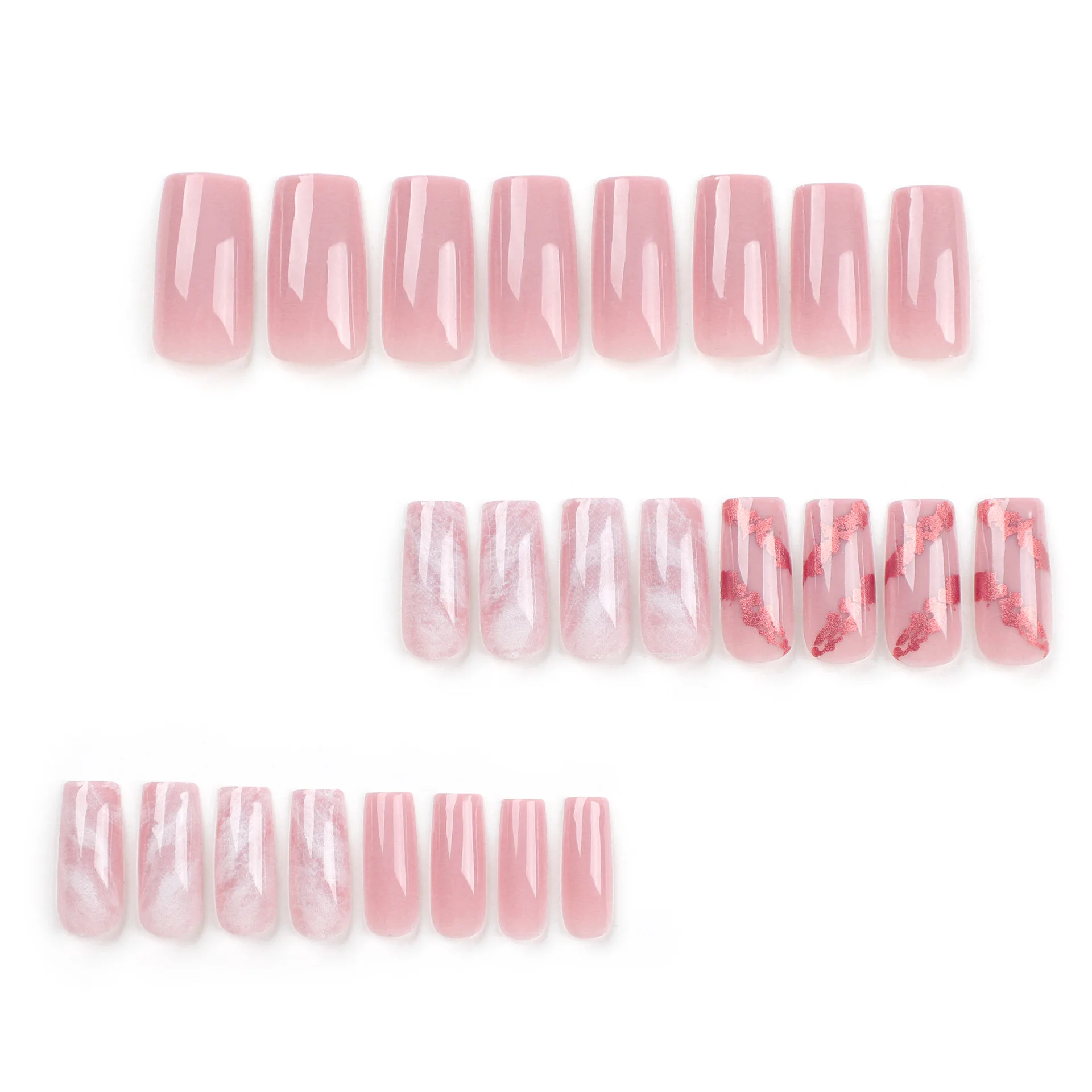 24 pçs simples e doce rosa imprensa em unhas estilo longo carimbo quente em pó branco unhas falsas cobertura completa wearable unhas falsas