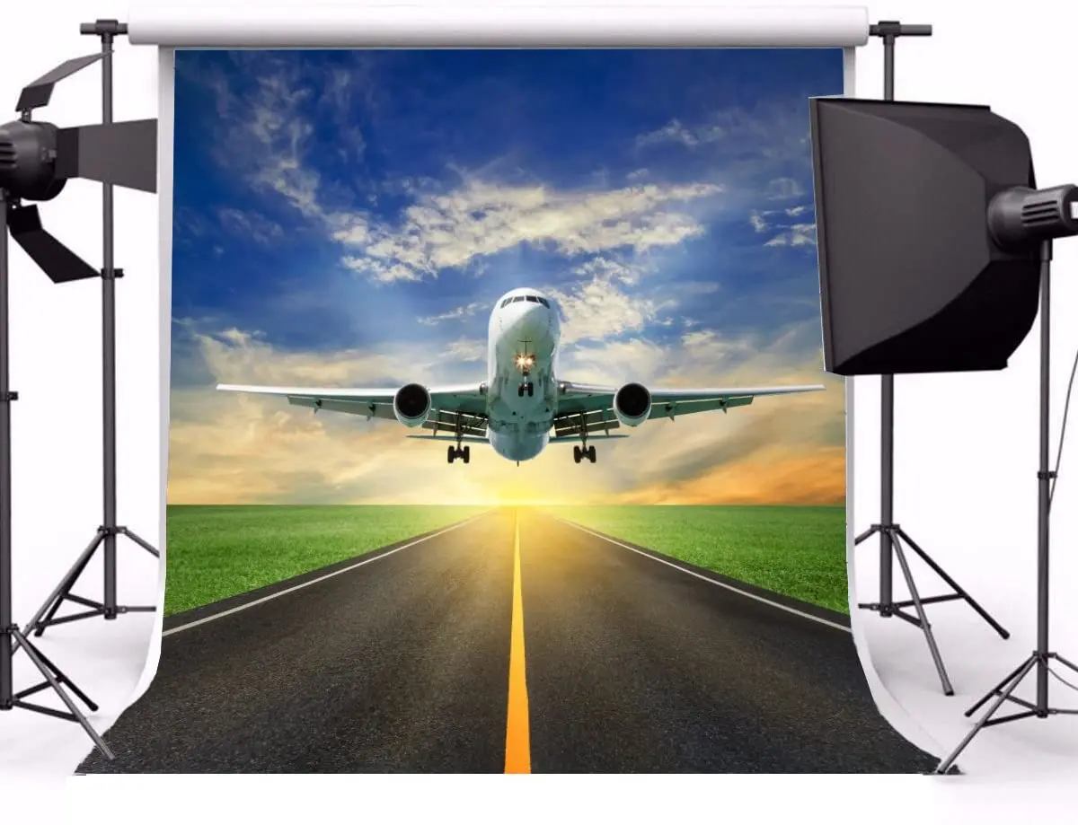 

Aerodrome Aeroplane Flight Photography Backdrop Aviation Runway Plane Take-Off Blue Sky White Cloud Travel Photo Background