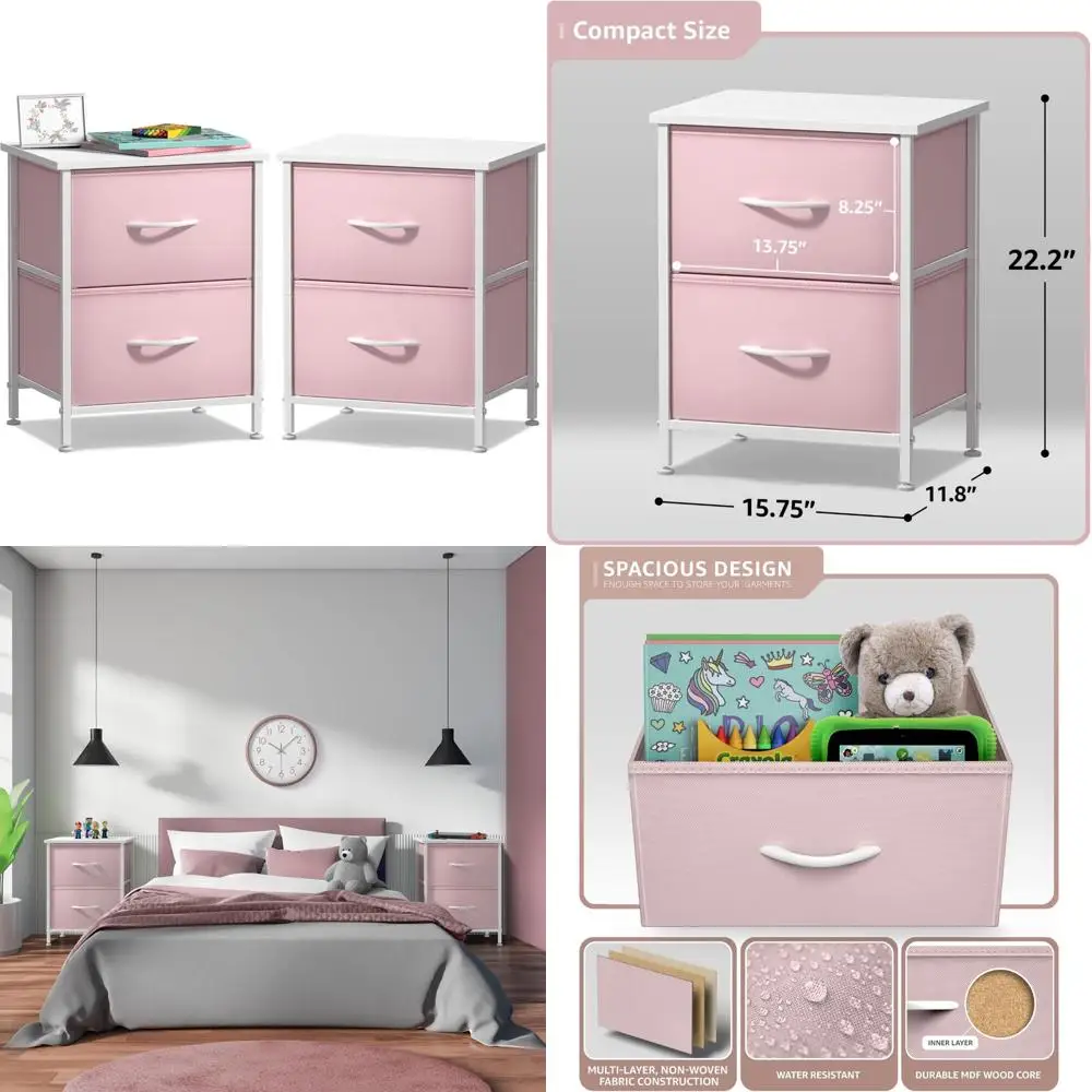 

Sorbus Nightstand with 2 Drawers - Kids Bedside Furniture End Table Night Stand - Steel Frame, Wood Top & Easy Pull Fabric Bins