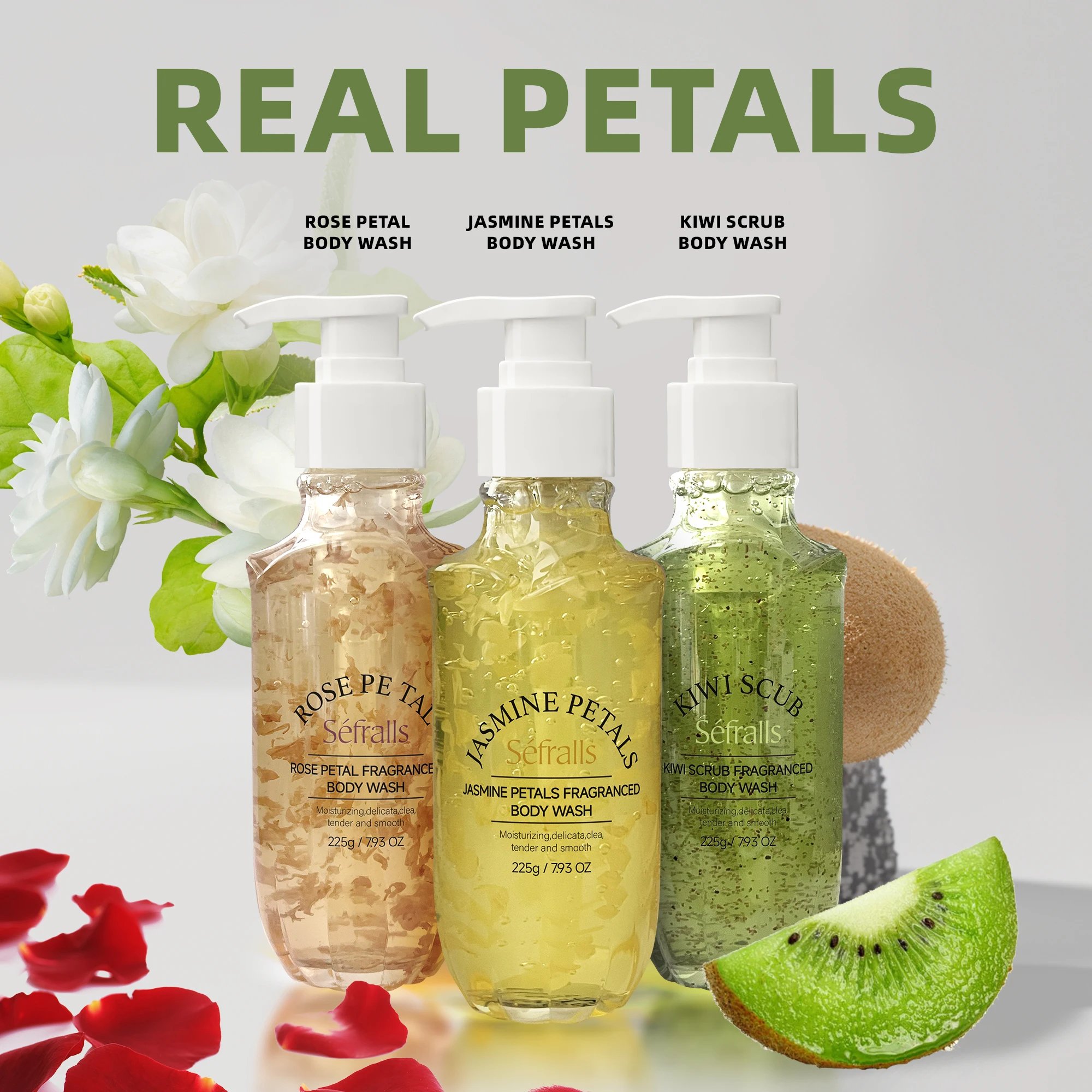 Séfralls Petal Fragrance Body Wash Set 225g*3st Diep schoon en compact schuim Gemakkelijk schoon te maken en blijvende geur