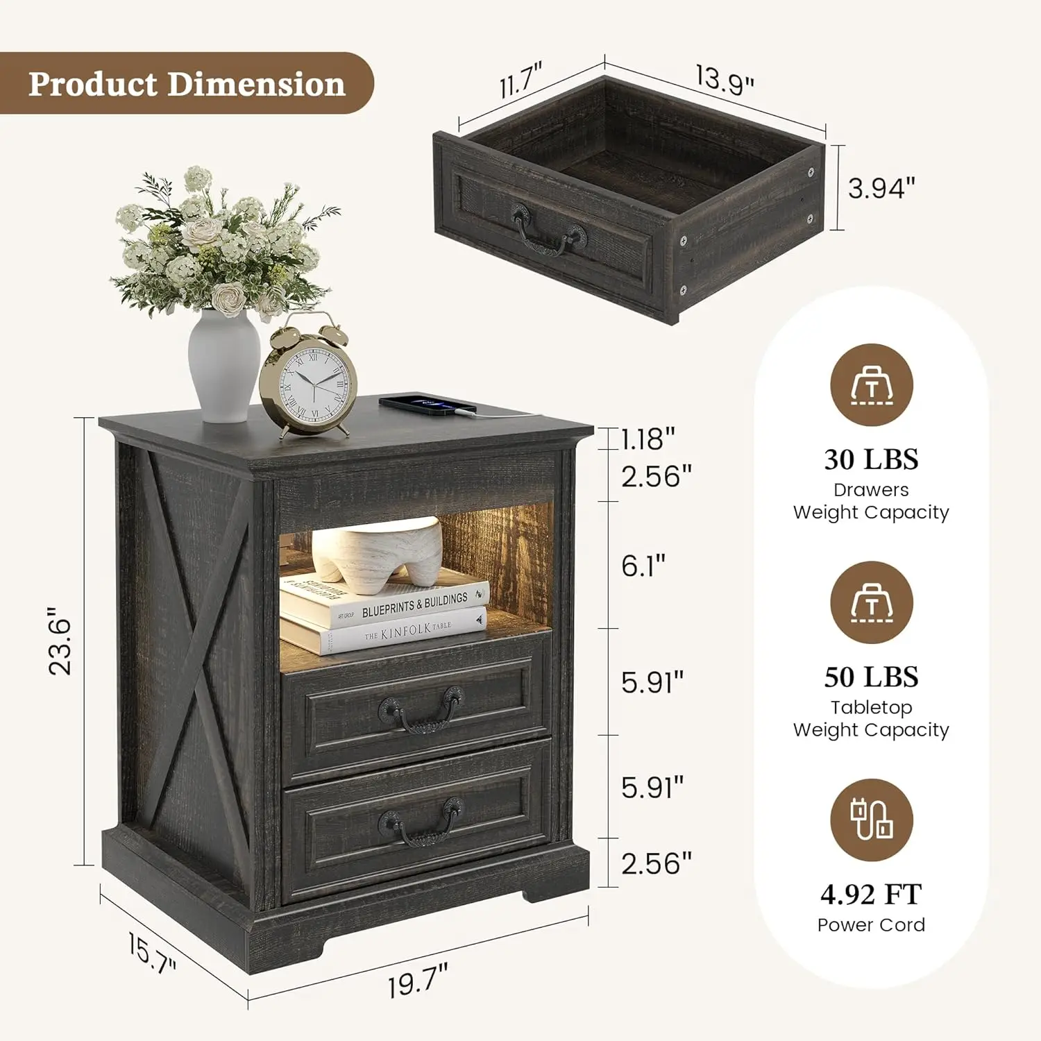 Farmhouse Nightstand With Gun Drawer, LED Light & Charging Station | 3-Color LED Light With Human Motion Sensor,, Customized
