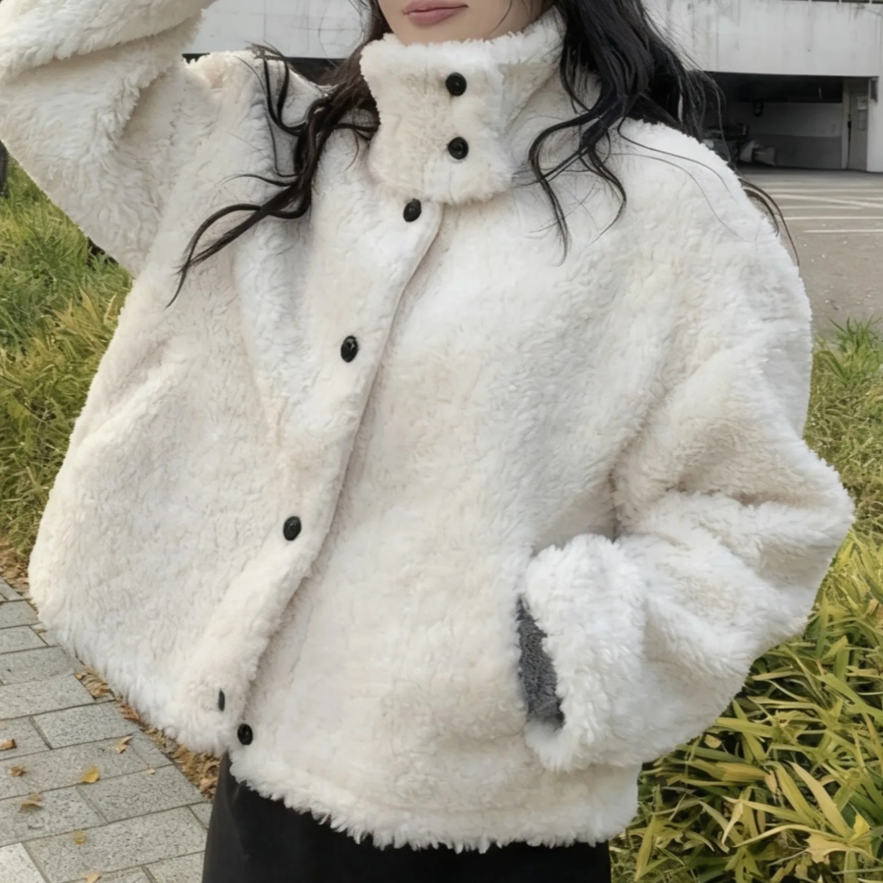 Chique outono inverno ort Thiened algodão pele de cordeiro calor outerwear retro faculdade sle gola emagrecimento redução de idade