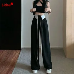 Pantalones rectos y sueltos de cintura alta para mujer, pantalón largo de pernera ancha con cordones drapeados, color blanco y negro, coreano, otoño