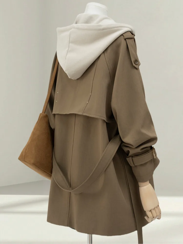 WHTREND الكورية نمط تصميم وهمية قطعتين مقنعين خندق معطف للنساء فضفاض منتصف طول سترة واقية سترة معطف WH1559 #4